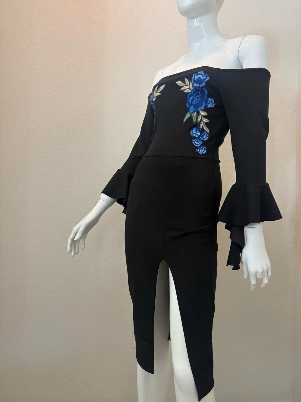 Missguided Black Off Shoulder Dress with Blue Rose Embroidery - Picture 6 of 7